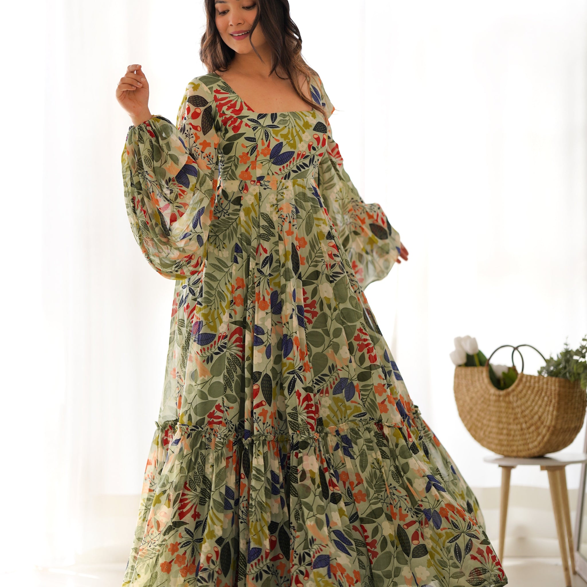 Sunaina Pista Colourfull Floral Gown Digital Printed Faux Georgette DKB-267