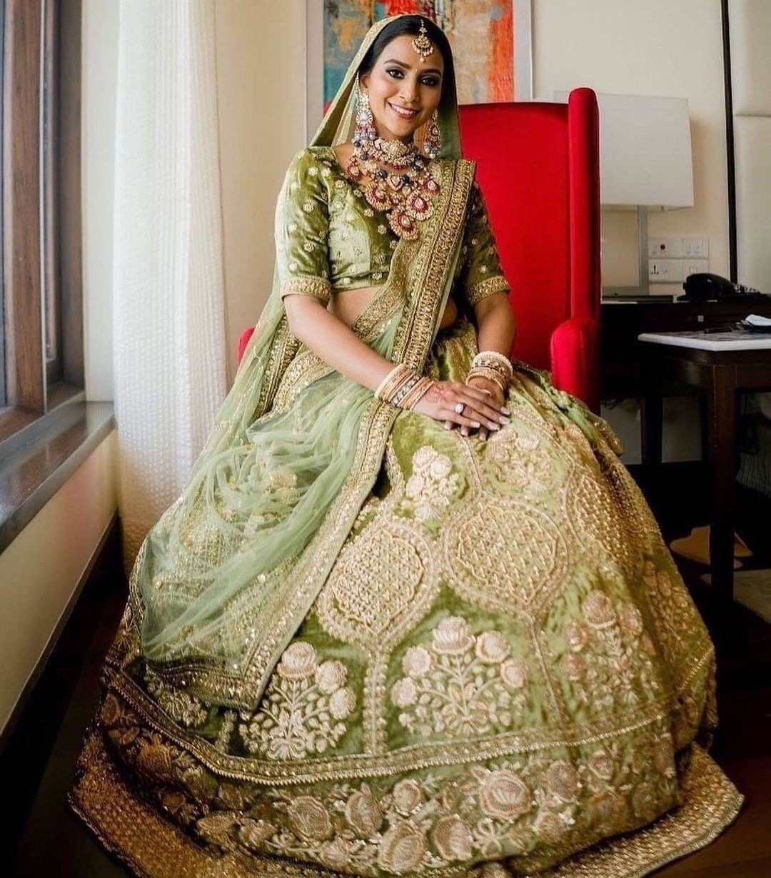 Green Colored Bridal Malay satin Lehenga Choli With Hand and Embroidery Work HLC 13