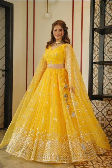 Lemon yellow  Lehenga Cholis Net with Silk Lehenga Cholis Set SD 3010