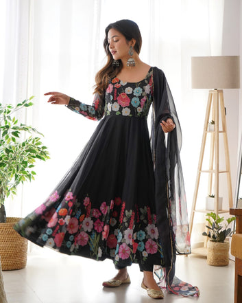 BLACK  COLOURED PURE SOFT ORGANZA ANARKALI SUIT SET WITH FULLY STITCHED DKB-25