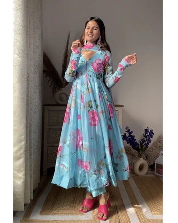 ANISKA SKY BLUE  FLORAL PRINT ORGANZA SUIT SET