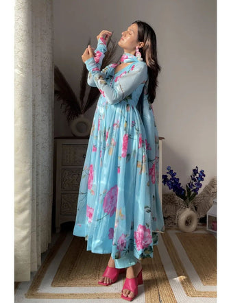 ANISKA SKY BLUE  FLORAL PRINT ORGANZA SUIT SET